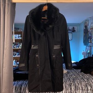 Bebe long black trench coat with faux fur